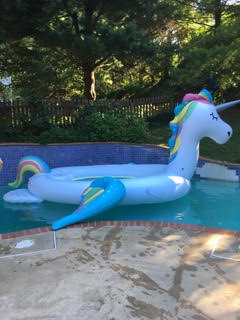 Giant unicorn float waiting for the post run fun at Coach Dawn's.